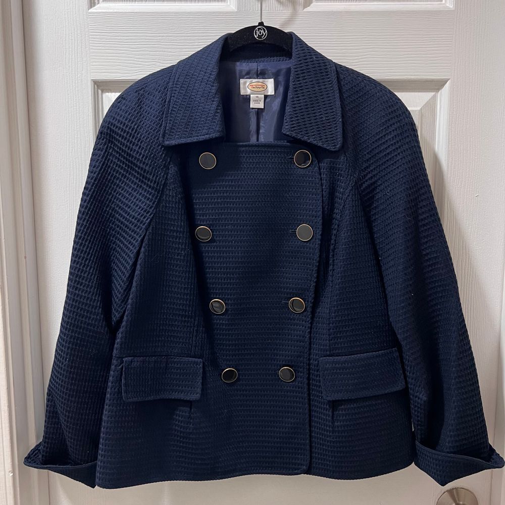 Talbots Navy Textured Double-Breasted Peacoat Jacket Classic Nautical -SZ 14